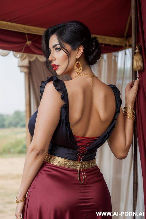 perfect busty bimbo, (red and blue skirt ) (very high platform heels) (big cleavage) (((huge saggy boobs))) (((wide lips))) (((big expressive eyes))) ((gold necklace)) (open mouth), (((slutty))) (heavy - #main