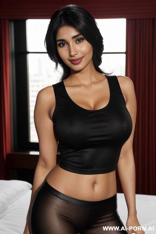 ((crew neck sleeveless black shirt)) , ((bedroom with large windows )) ((large fancy manhattan penthouse)), ((higareda)), (gorgeous), beautiful eyes, (big full lips), (beautiful), (lean) ((photorealistic)) - #main