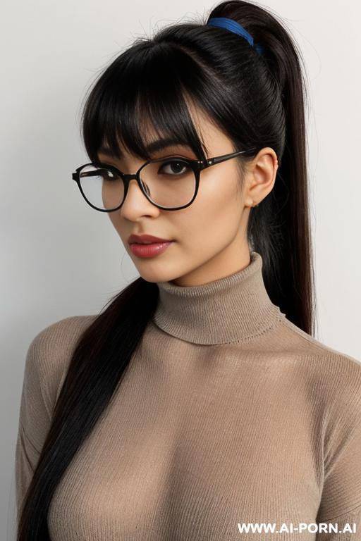 large shot, asian woman, glasses, long straight black hair, low sleek ponytail tied at nape of neck, side-swept wispy bangs covering forehead, long face-framing strands left loose on both sides, - #main