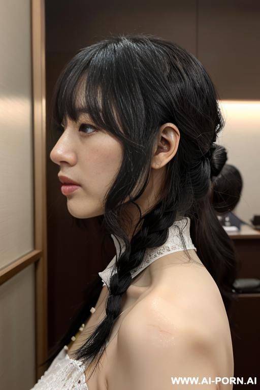 （杨幂），中国美女，美丽的脸，露出饱满的额头，很浓很直的眉毛离眼睛很近，非常明显的双眼皮，明亮大眼睛，非常深的眼窝，v字脸，特别靠后的尖下巴，颧骨很小很低，颚骨非常窄，上嘴唇微微翘起，下牙比上牙靠后，巨大乳房，又窄又直有挺的鼻子，鼻梁有迷人的很大弧度，（最小的鼻头和极小极窄的鼻翼），身材消瘦，四肢纤细，笔直细长的腿，30岁人妻，修长的天鹅颈，黑色长发略带波浪 - #main