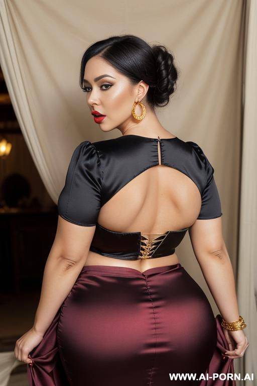 perfect busty bimbo, (red and blue skirt ) (very high platform heels) (big cleavage) (((huge saggy boobs))) (((wide lips))) (((big expressive eyes))) ((gold necklace)) (open mouth), (((slutty))) (heavy - #main
