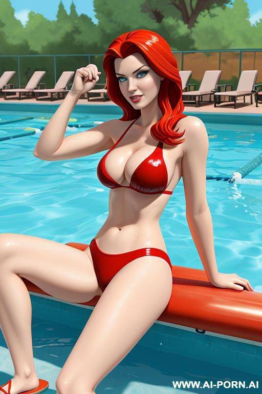 gravity falls-style cartoon, redhead, life guard, pool - #main