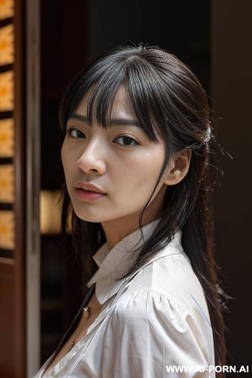 （杨幂），中国美女，看着镜头，美丽的脸，露出饱满的额头，很浓很直的眉毛，眉毛眼睛的距离特别近，非常明显的双眼皮，明亮的特别大的眼睛，特别深的眼窝，v字脸，特别特别靠后的又尖又小的下巴，颧骨特别小特别低，颚骨非常窄，上嘴唇微微翘起，人中部位很短，上牙有些靠后，下牙比上牙更加靠后，巨大乳房，又窄又直有挺的鼻子，鼻梁很弯有迷人的很大弧度，（最小的鼻头和极小极窄的鼻翼），身材消瘦，四肢纤细，笔直细长的腿，30岁人妻，修长的天鹅颈，黑色长发略带波浪 - #main