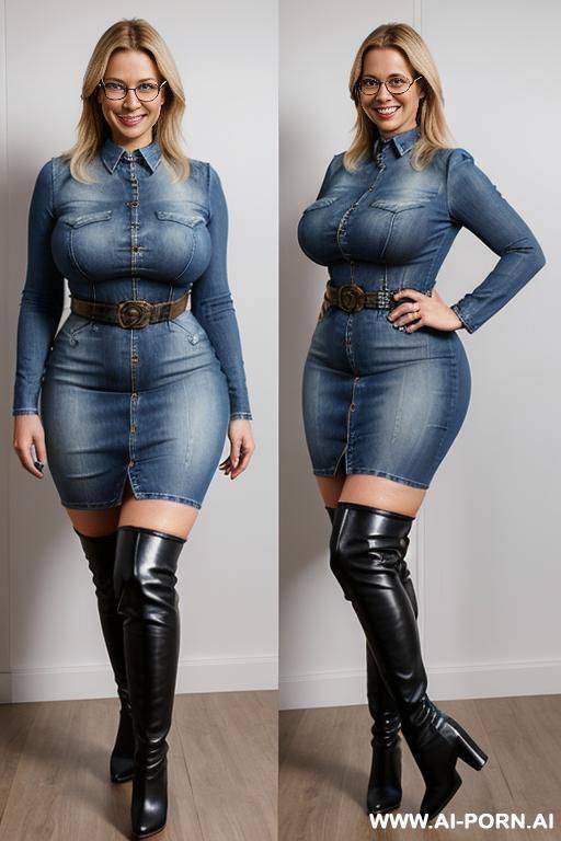 (amazing fit abs) (denim dress) ( knee boots) (glasses) - #main