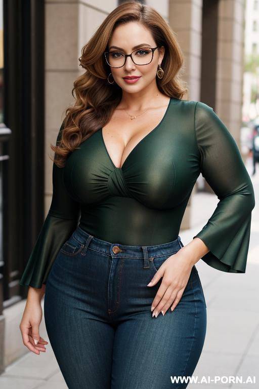 draw a mid forties, 160cm 0 kg woman with chubby build, curly mid length brown hair with blonde highlights, green eyes with sexy glasses, 3dd breasts - #main