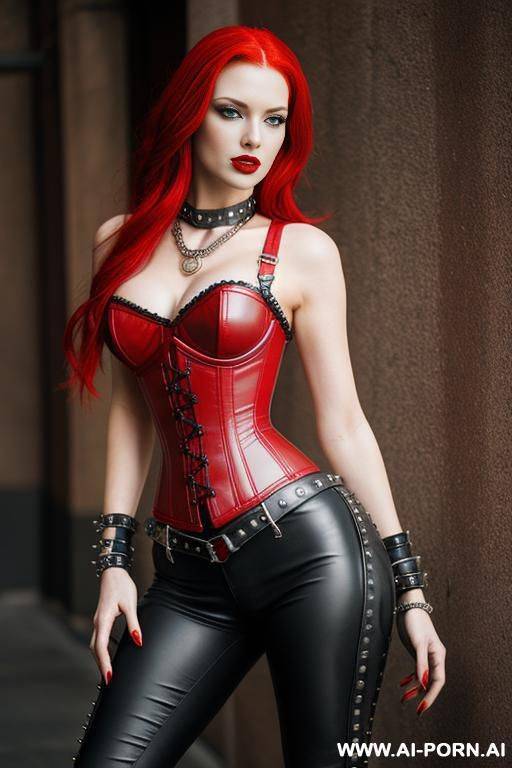 red hair woman wearing red and black leather corset and leggings large metal buckles and studs metal bracelets metal aermour - #main