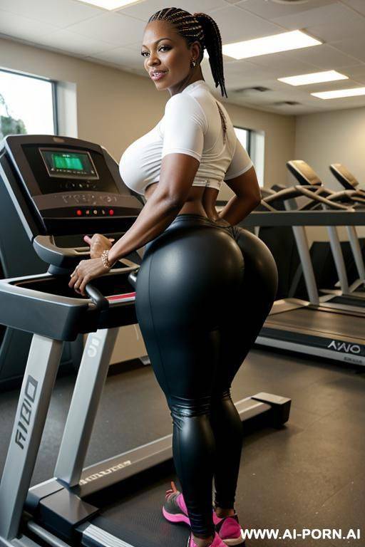 african milf, huge ass, wide hips, big heavy tits, leggings, sports top, flashing ass, runs on a treadmill - #main