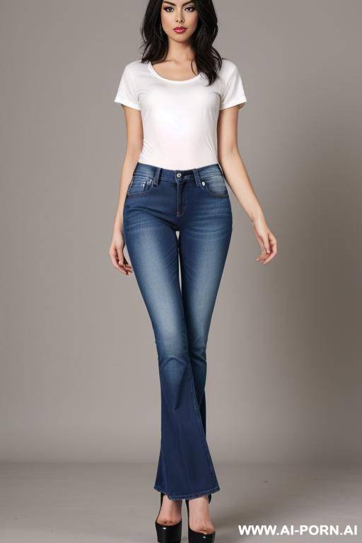 low rise jeans. flare jeans, high heels, tee shirt - #main