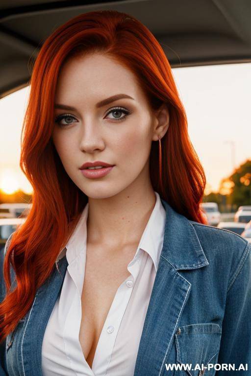 close up, redhead, class uniform, open shirt, parking lot, sunset - #main