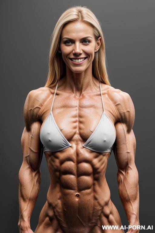 (gray background), (naked), (nude), ((shortest slender most muscular german woman only)), ((((sinewy gaunt slender beautiful german muscle woman with extreme musculature)))), ((short)), ((very white pallid - #main