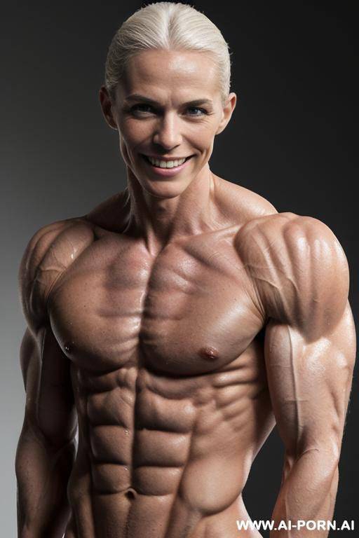 (gray background), (naked), (nude), ((shortest slender most muscular french woman only)), ((((sinewy gaunt slender beautiful french muscle woman with extreme musculature)))), ((short)), ((very white pallid - #main