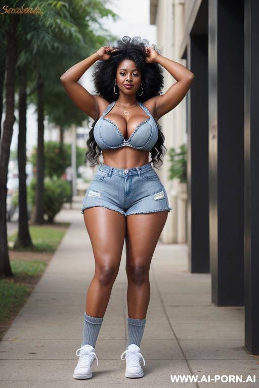 hot sexy tall woman, dark skin, huge tits, fluffy curly hair, (sneakers), (denim shorts), (big cleavage), (knee socks) (arms up) - #main