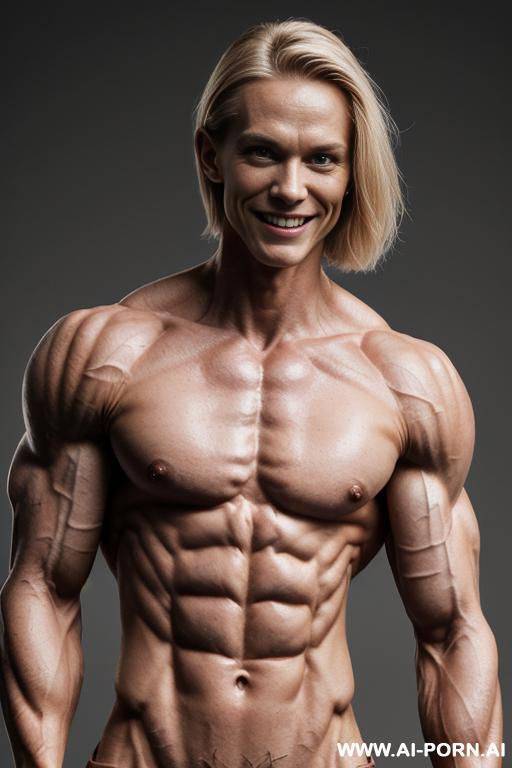 (gray background), (naked), (nude), ((shortest slender most muscular finnish woman only)), ((((sinewy gaunt slender finnish actress woman with extreme musculature)))), ((short)), ((very white pallid skin)), - #main