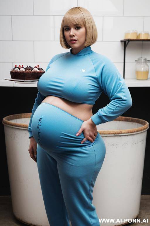 oversized obese pregnant woman. tight blue tracksuit crop top. lactation. milking machines. desserts and pie. blonde bobcut. factory. enormous round belly, low hanging belly. wide hips. big booty. milk buckets. huge pregnant tummy - #main