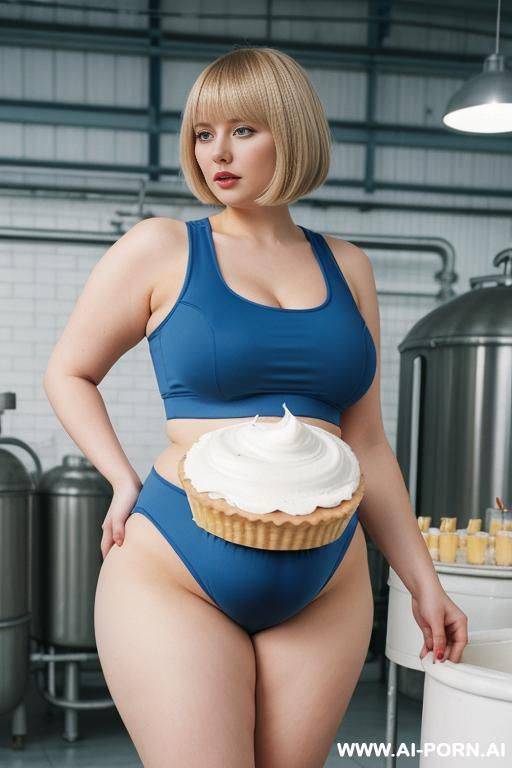 obese pregnant woman. tight blue tracksuit crop top. lactation. milking machines. desserts and pie. blonde bobcut. factory. enormous round belly, low hanging belly. wide hips. big booty. milk buckets. - #main