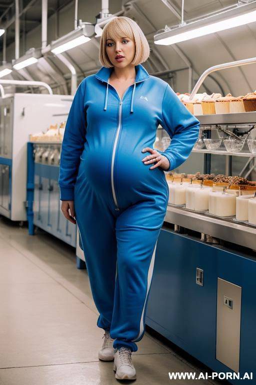 obese pregnant woman. blue tracksuit. lactation. milking machines. desserts and pie. blonde bobcut. factory. - #main