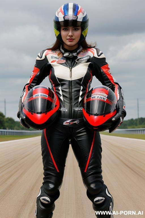 (unzipped open motorcycle racing uniform) (showing breasts) (motorcycle helmet) (leaning on racing motorcycle) - #main