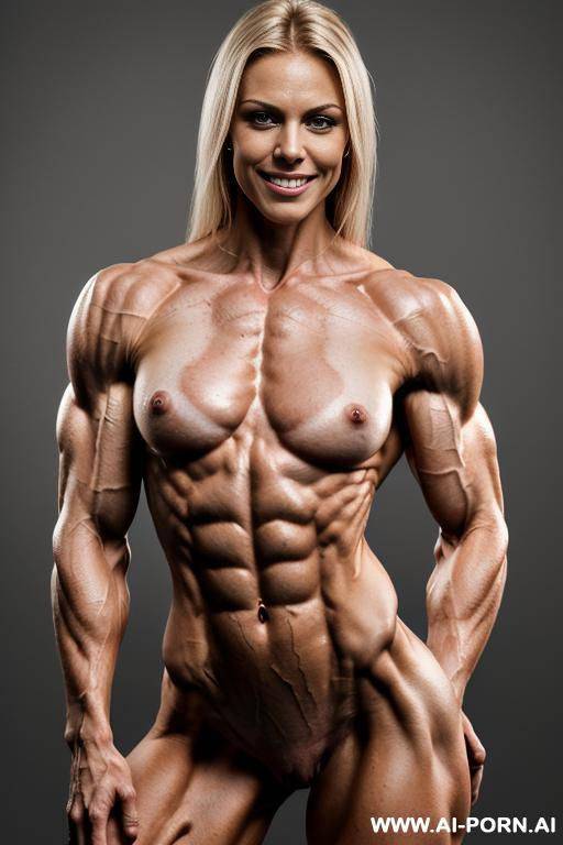 (gray background), (naked), (nude), ((shortest slender most muscular german woman only)), ((((nude sinewy slender beautiful german muscle woman with extreme musculature)))), ((short)), ((very white pallid - #main