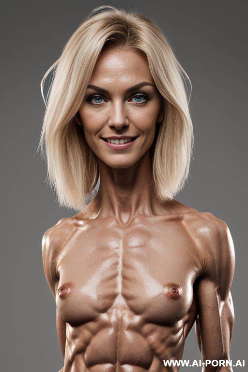 (gray background), (naked), (nude), ((shortest slender most muscular german woman only)), ((((nude sinewy gaunt slender beautiful german muscle woman with extreme musculature)))), ((short)), ((very white - #main