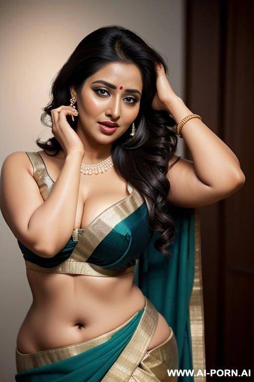 3 actress wearing saree low hip and exposing her navel standing equally spaced - #main
