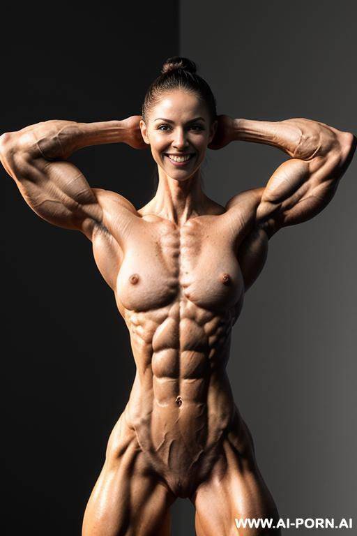 (gray background), (naked), (nude), ((shortest slender most muscular actress k. waterston only)), ((((nude sinewy slender beautiful german muscle woman with extreme musculature)))), ((short)), ((very white - #main