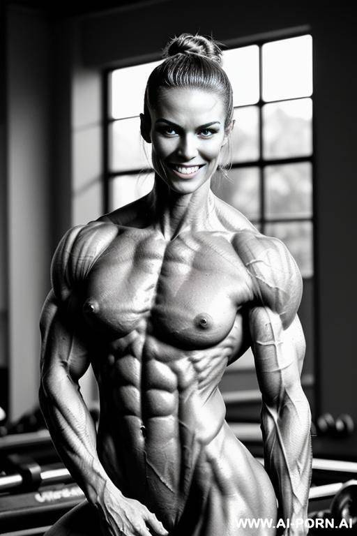 (gray background), (naked), (nude), ((shortest slender most muscular german fbb woman j. dejager only)), ((((nude sinewy slender beautiful german fbb muscle woman j. dejager with extreme musculature)))), - #main