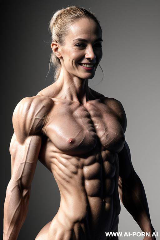 (gray background), (naked), (nude), ((shortest slender most muscular actress k. waterston only)), ((((nude sinewy slender beautiful muscle woman actress k. waterston with extreme musculature)))), ((short)), - #main