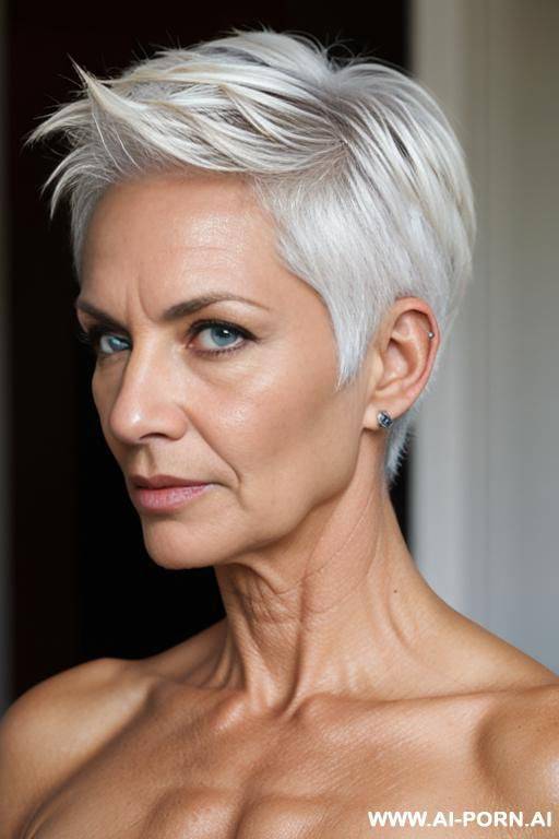 classy mature fit older woman with tanned skin and toned body, naked, spiky pixie undercut hair - #main
