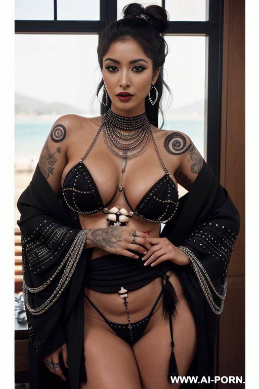 luxury boho silver rhinestone body chain, long layered rhinestone tassel chest chain, rhinestone tassel chain face mask.(((( dark skin)))), (((extreme hourglass body shape))) (((wide pelvic bones))) (((sex bomb))) (((narrow strong waist))) - #main