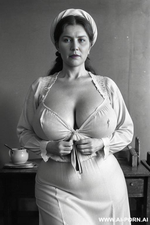 set in a remote soviet-ukrainian village-scho_ol of the early-twentieth-century. ((elderly!)) ((real-amateur!)) ukrainian-soviet humble remote-village teacher, (she is a communist-woman!), ((she wearing a - #main