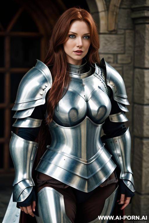 female knight, silvery blue full plate armour covering whole body, long dark reddish brown hair, green eyes, tanned skin - #main
