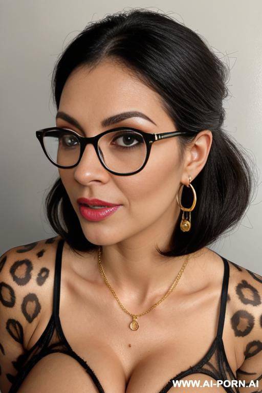 massive saggy tits milf secretary, makeup, very large glasses, black and grey tied-up hair, leopard tight cleavage shirt, loads of gold elry necklaces hoop earrings rings bracelets, taping on a computer - #main