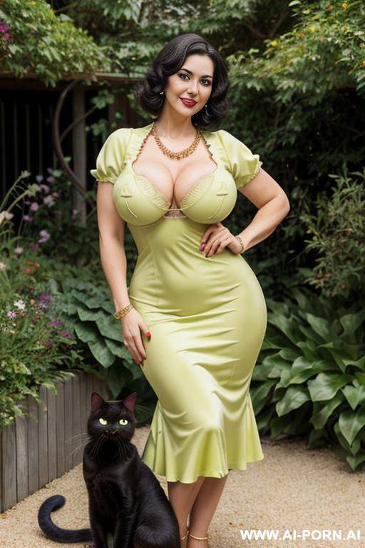 busty milf, large natural breasts. full body view. (hourglass figure). hands on hips and smiling.garden (((wide silicone lips))), (bangles), (((expressive cat eyes))) (golden neckchain) - #main
