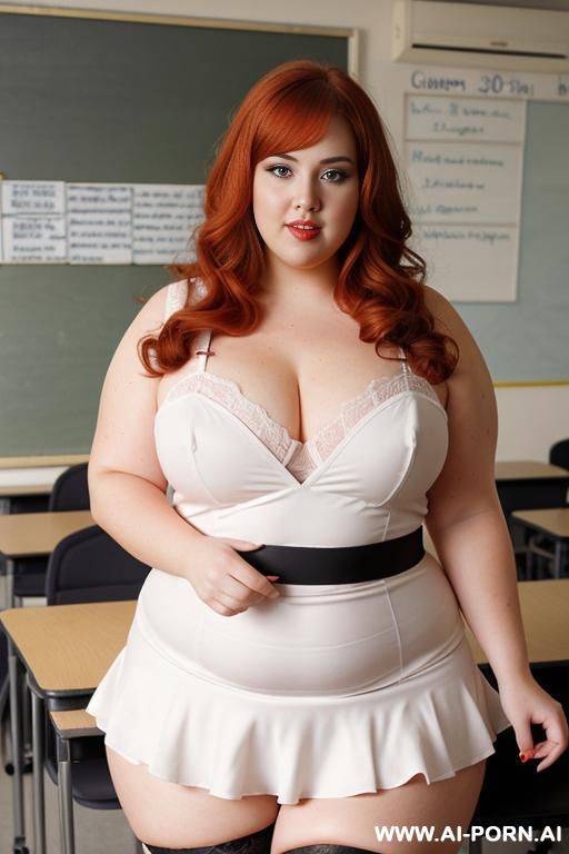 full body photo shot, about at classroom, so chubby and so fat bbw curvy teacher, wearing a sexy and hot micro red ruffle microskirt and elegant micro garter belt top, speaking to the classroom. - #main