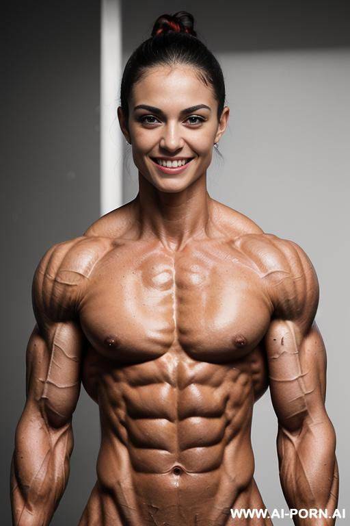 (gray background), (naked), (nude), ((shortest slender most muscular french fbb woman a. tautou only)), ((((nude sinewy slender beautiful french fbb muscle woman actress a. tautou with extreme - #main