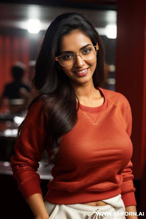 (red crew neck sweatshirt, sweatpants ), ((manhattan penthouse kitchen)), ((asin)), (gorgeous), beautiful eyes, (big full lips), (beautiful), (lean) ((photorealistic)) (tanned indian), ((ultra detailed - #main