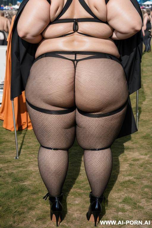 obese swedish granny with wide hips fat ass, fat legs and extremely huge tits standing naked at a volk festival. full body shot from above. wearing a seethrough fishnet and tassels - #main
