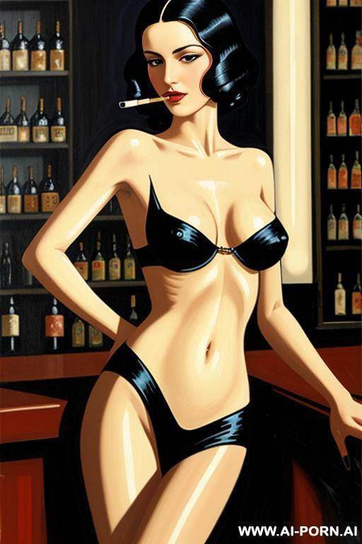 art deco painting, totally naked female smoking cigarette in the bar - #main
