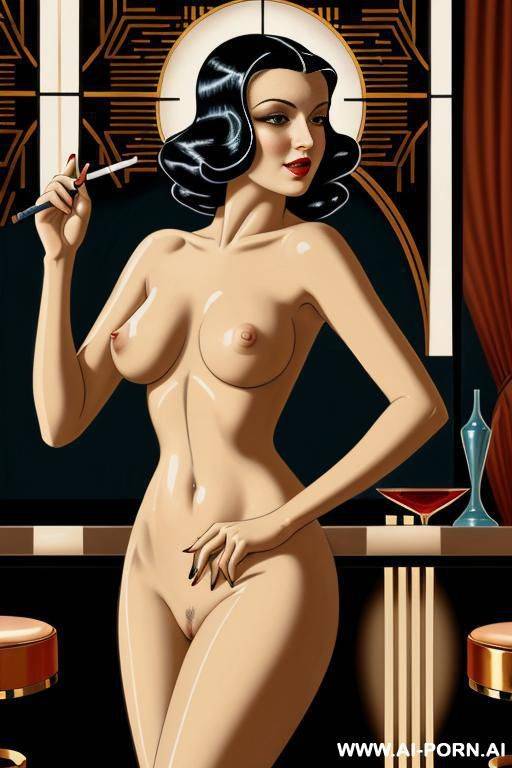 art deco naked painting, wall painting art deco style, totally naked female smoking cigarette in the art deco bar, beautiful naked pussy, very oversized saggy boobs naked, art deco nude art, erotic art deco - #main