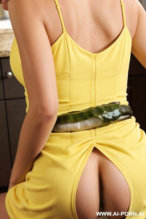 (suburban mom) (short yellow dress) (close up) (bending over) (eating a pickle) - #main