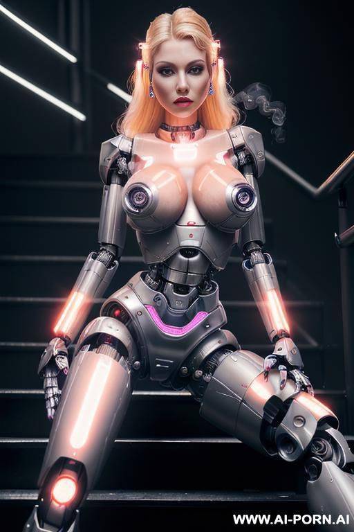 robot, front view, full body view, walking down the stairs in hotel lobby, looking at viewer, angry face, beautiful, blonde hair, ponytail, big lips, wide jaw, makeup, hoop earrings, pink nails, - #main