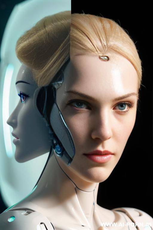 beautiful blonde silicone robotic head, (left half face human, missing skin in right half face exposing inner robotic parts and glowing robotic eye:1.3) - #main