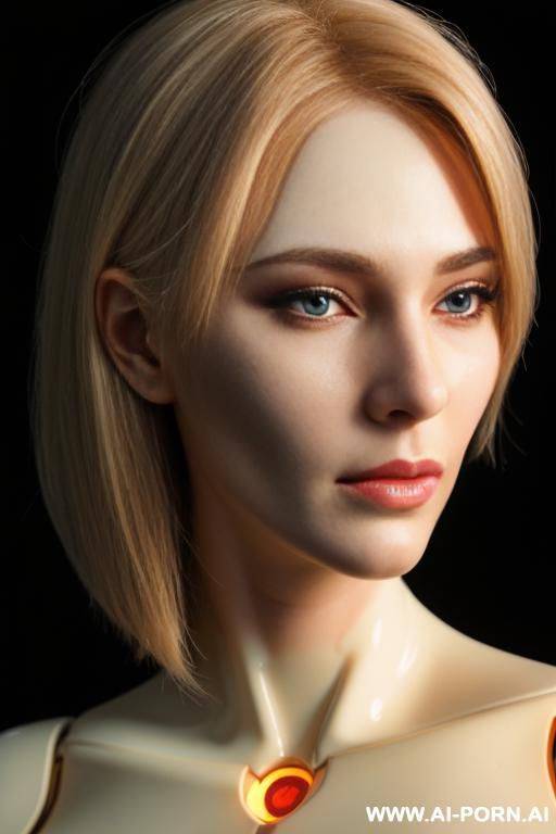 beautiful blonde silicone robotic head, (left half face human, missing skin in right half face exposing inner robotic parts and glowing robotic eye) - #main