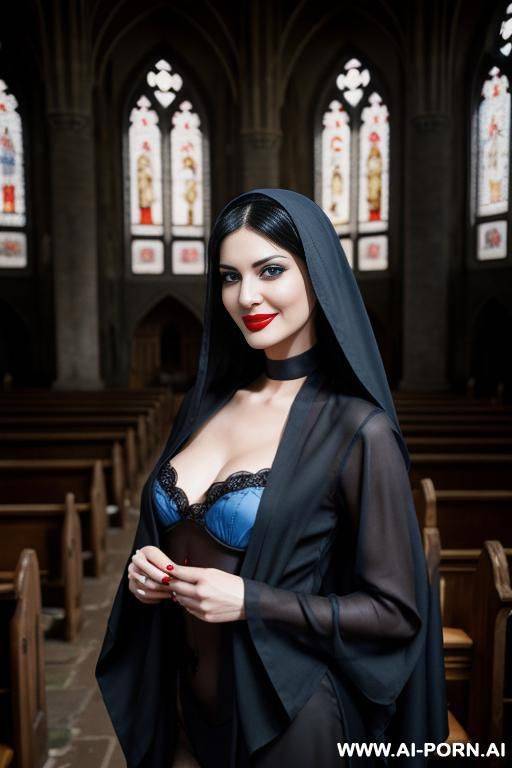sexy nun, ghotic style black makeup, red lipstick on her lips. sexy short slutty nun white headscarf - #main