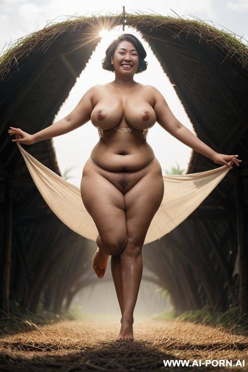 "a indonesian nude woman chubby wearing a t-shirt is working in a rice field, smiling under the sun." - #main