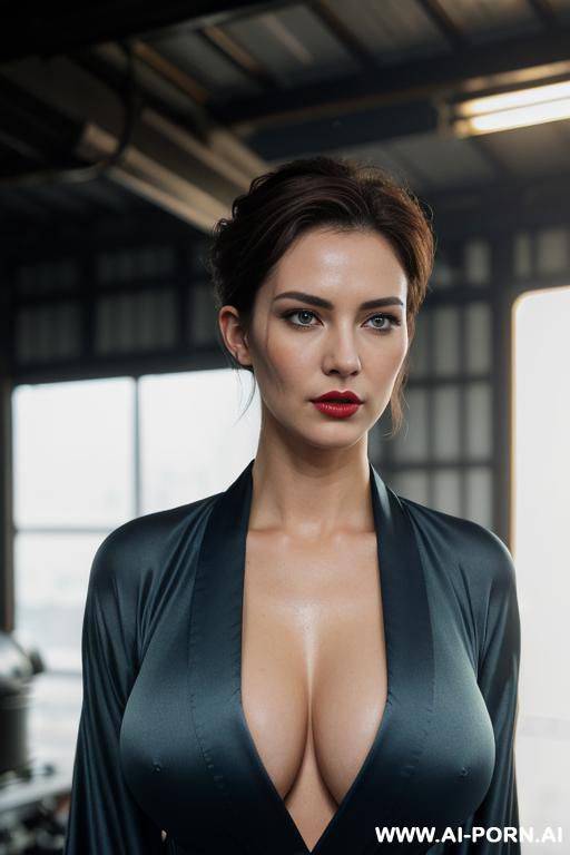 real life, pallid skin, curvy, (closeup shot), (black kimono), (one tit slipping out of kimono), (alluring face), (masculine style haircut), (short hair brushed above ears), (hair color: light brown - #main