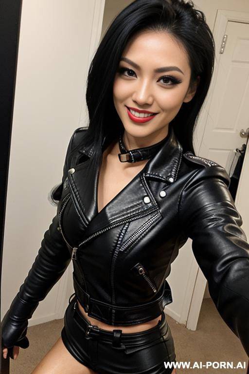 ((((asian)))), (makeup) , ((tight black leather jacket)) (((tight black leather hotpants))) ((((selfie)))), model - #main