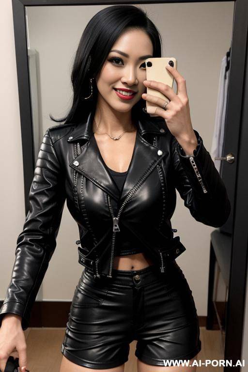 ((((asian)))), (makeup) , ((tight black leather jacket)) (((tight black leather hotpants))) ((((selfie)))) - #main