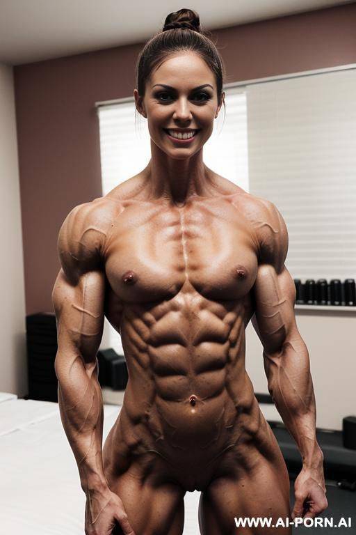 (bedroom background), view increasing muscle size and definition, (naked), (nude), (shortest most muscular white woman only), ((very white pallid skin)), ((hard erotic pink rosy nipples)), hard & - #main