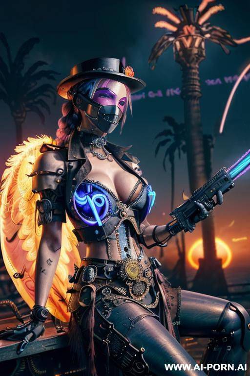((((masterpiece)))), (((woman sitting))), (glowing red eyes), (long blue purple and white hair with a flower), ((crop top white collar shirt with red tie)), ((((flaming angel wing)))), ((navy formal - #main